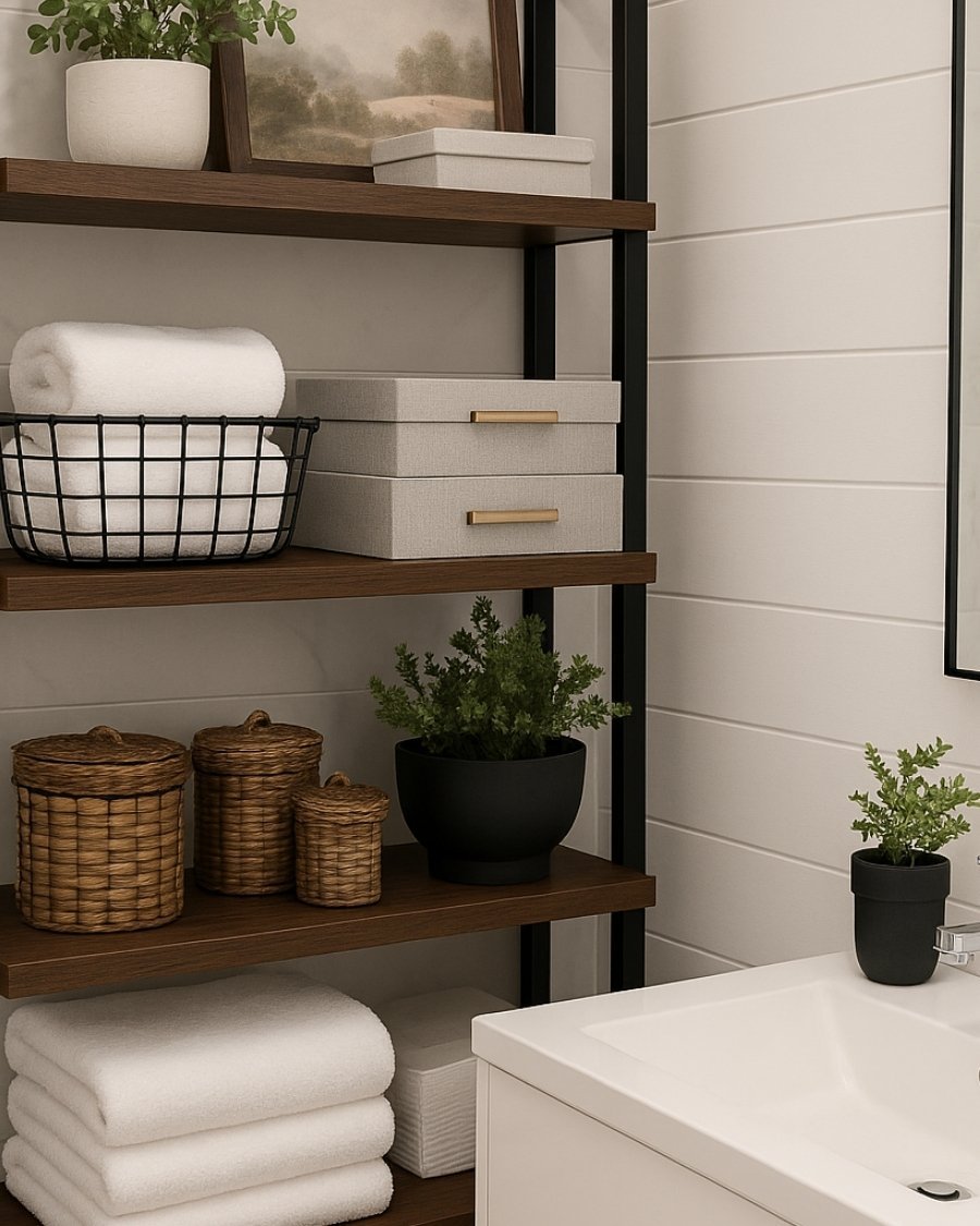 Bathroom shelves styled with woven baskets and rolled towels