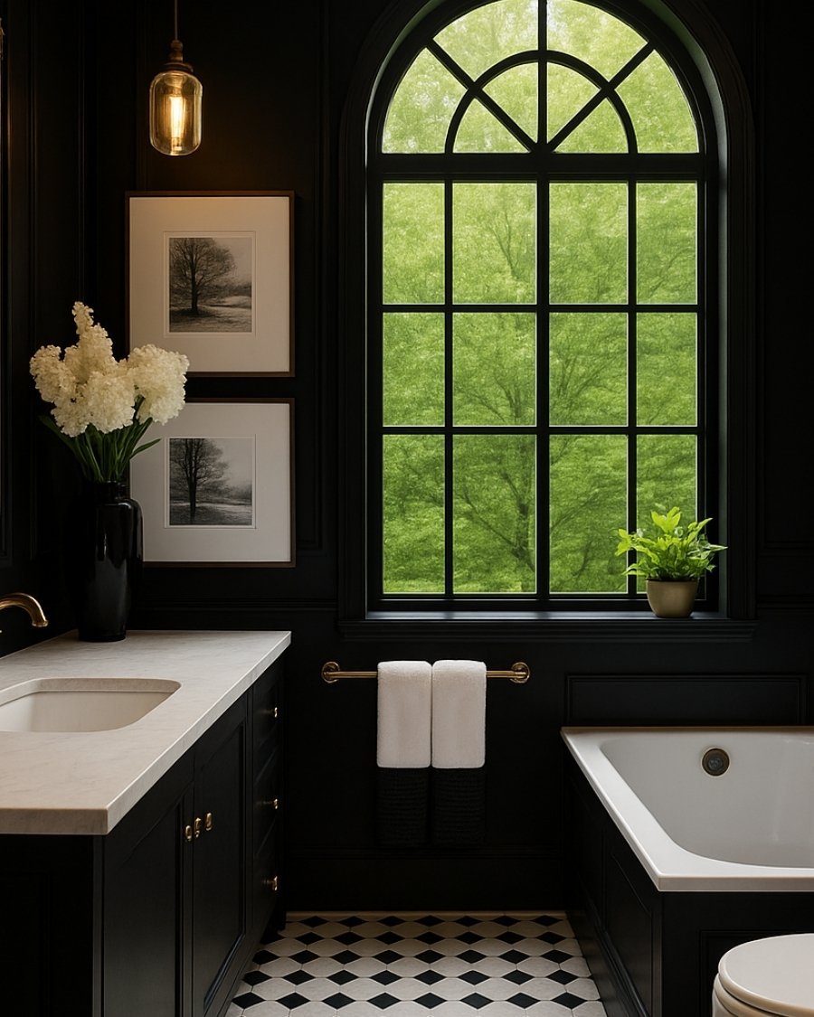 Bathroom with tall arched window, framed wall art, and black-and-white color palette
