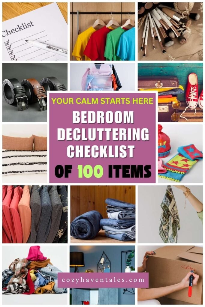 Collage of bedroom decluttering items including clothes, belts, bags, shoes, pillows, blankets, socks, makeup, and donation boxes with text overlay "Bedroom Decluttering Checklist of 100 Items".
