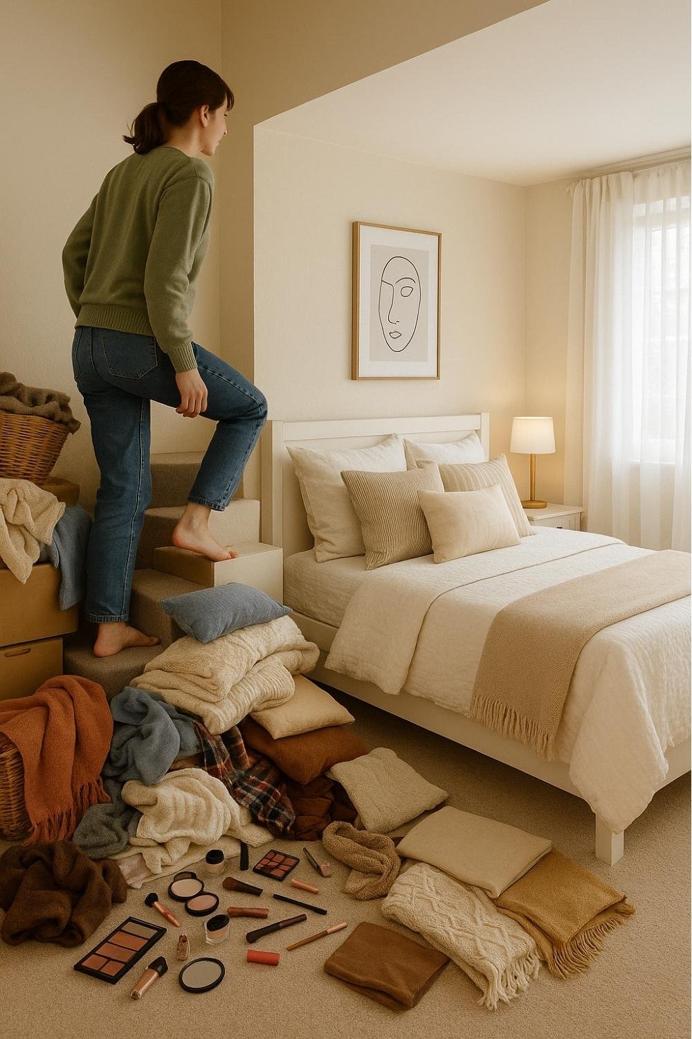Woman organizing clutter in a bedroom, sorting clothes, makeup, and accessories