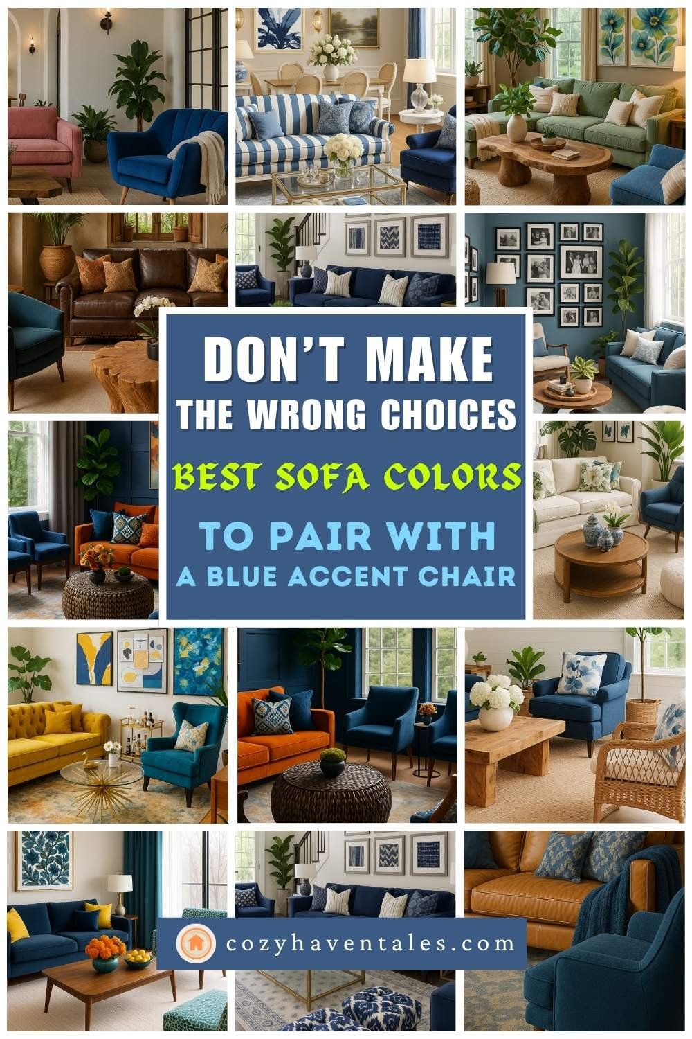 Collage of living rooms showcasing different sofa colors paired with blue accent chairs, including white, green, orange, brown, and striped options.