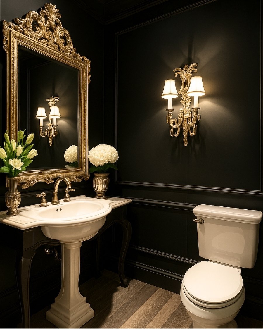 Luxurious black bathroom with warm wall sconces, ornate mirror, and pedestal sink
