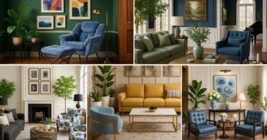 Collage of five room setups featuring blue accent chairs styled with sofas, wall art, and plants