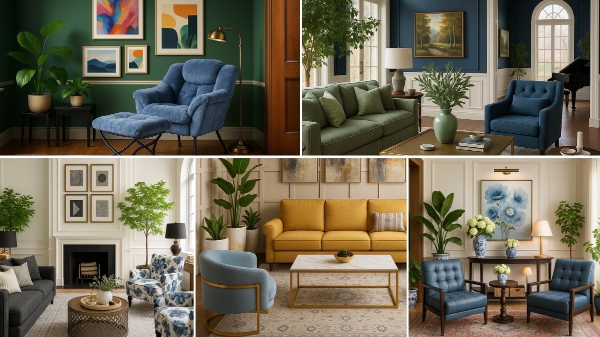 Collage of five room setups featuring blue accent chairs styled with sofas, wall art, and plants