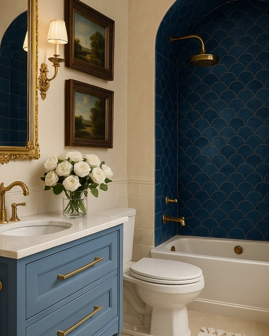 Elegant bathroom with blue vanity, gold fixtures, classic artwork, and a vase of fresh white roses