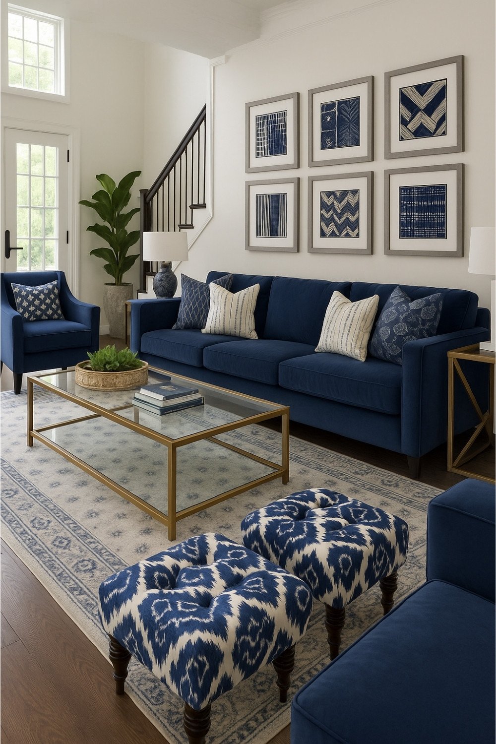 Blue sofa with matching blue chairs and a glass coffee table in a coastal-inspired space
