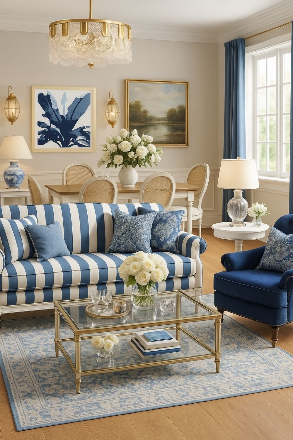 Navy striped sofa paired with a blue accent chair in a bright, classic living room with gold accents