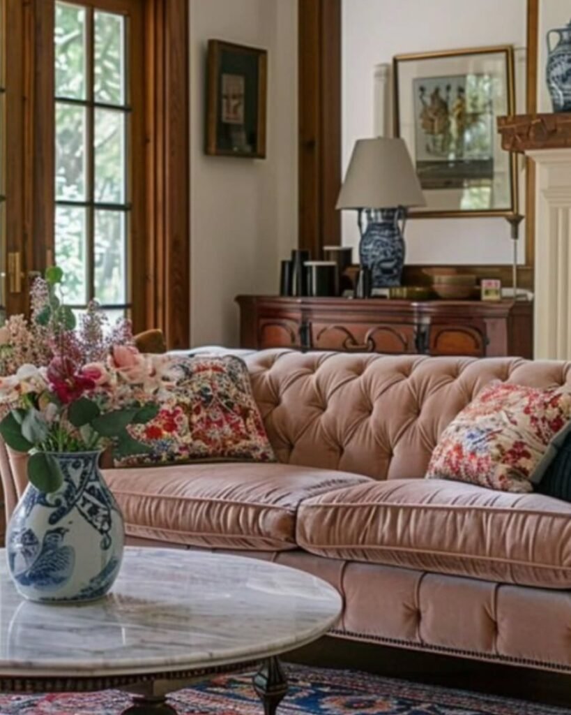 Blush brown sofa with floral cushions styled in a vintage-inspired living room