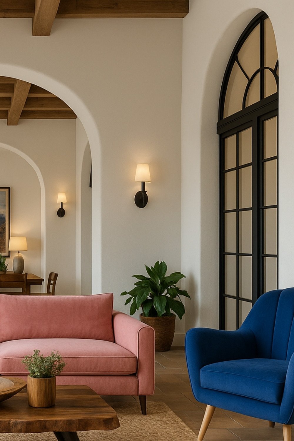 Blush pink sofa with a royal blue accent chair in an arched Mediterranean-style room