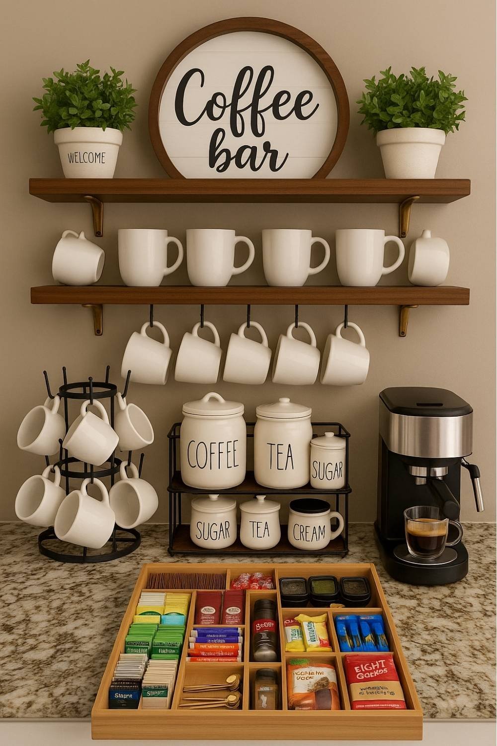 Organized coffee bar with labeled containers, hanging mugs, storage shelves, and a drawer organizer for tea and coffee supplies.