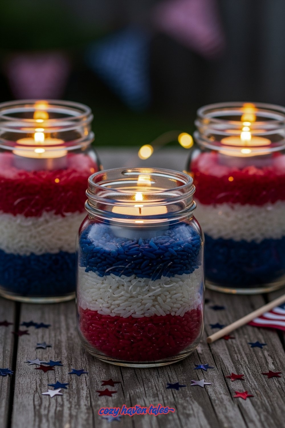 Red, white, and blue dyed rice layered in a mason jar with a tealight candle.