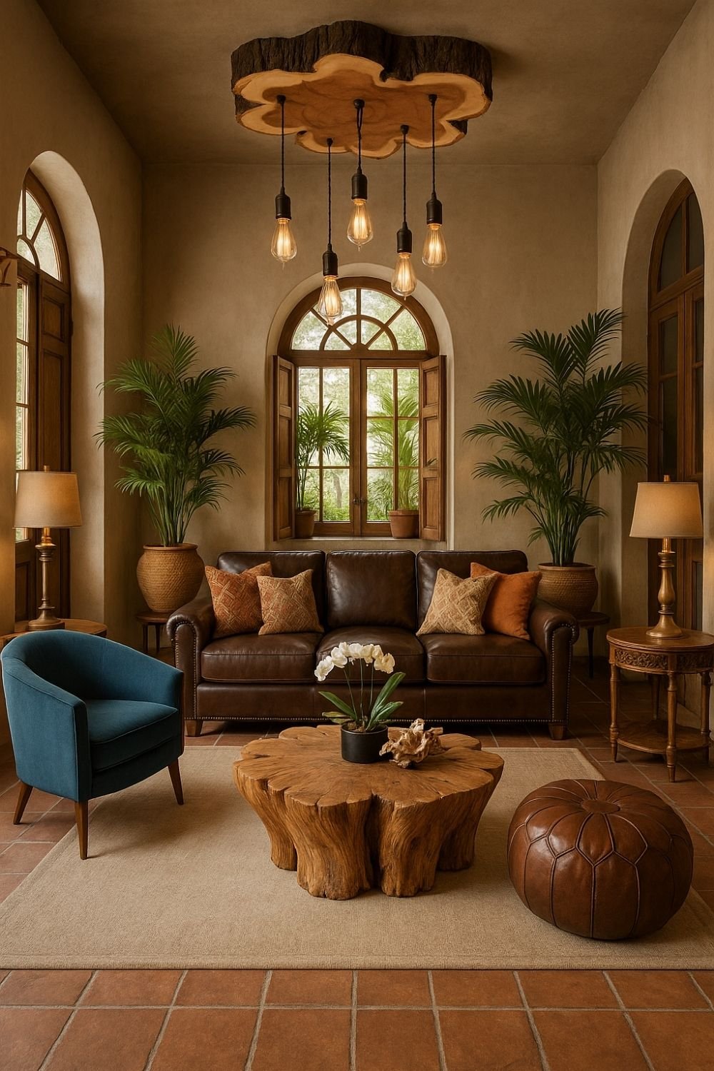 Dark brown leather sofa with a blue tub chair and rustic wood accents