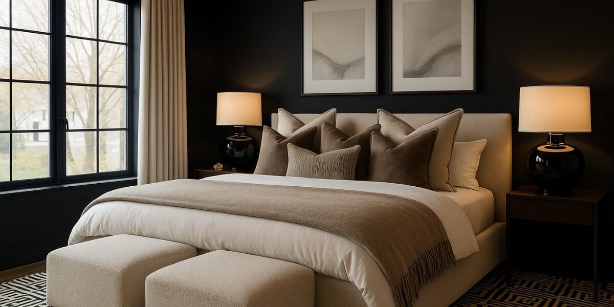 Calm and clutter-free bedroom with layered bedding and warm lighting