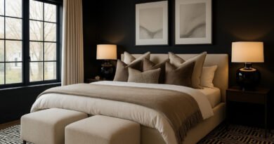 Calm and clutter-free bedroom with layered bedding and warm lighting