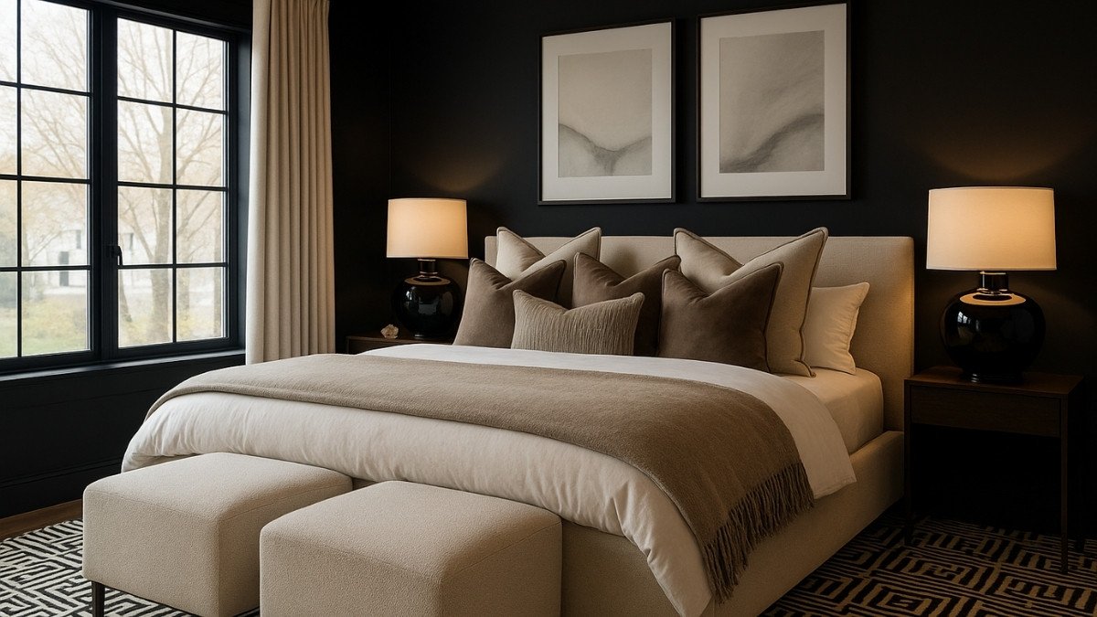 Calm and clutter-free bedroom with layered bedding and warm lighting