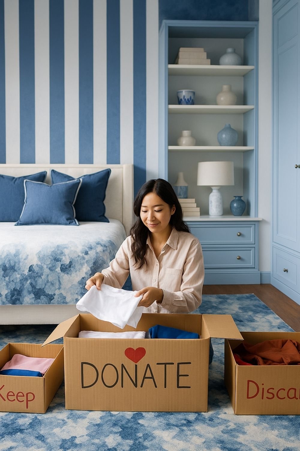 Woman sorting clothes into donate, keep, and discard boxes in an organized blue bedroom.