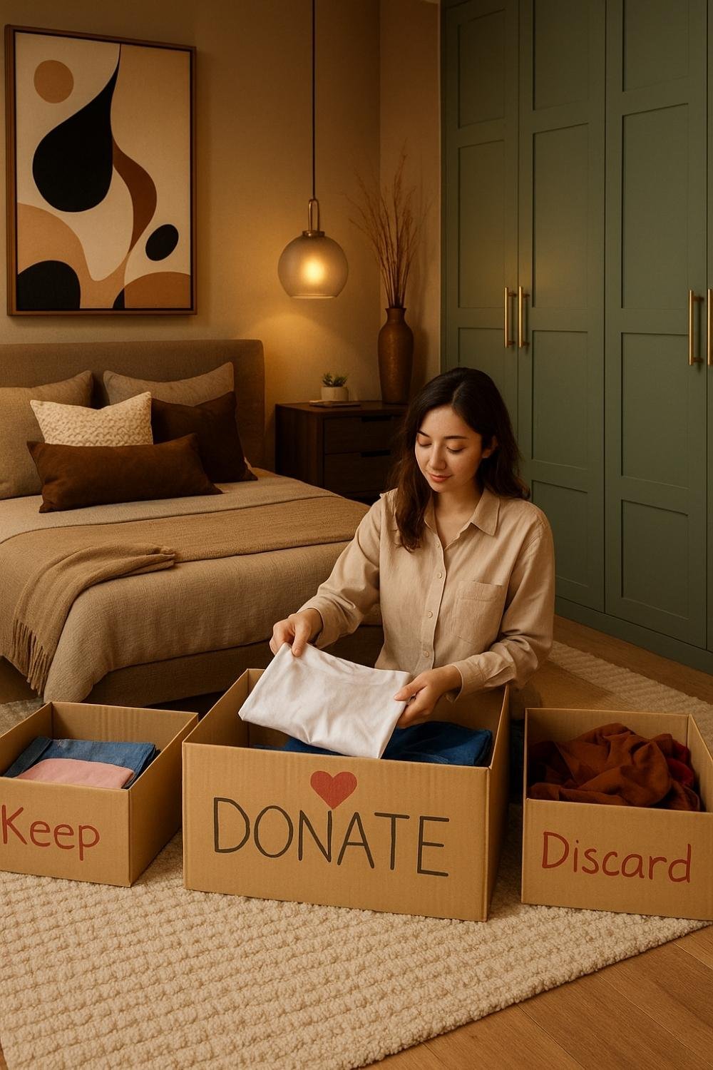 Woman sitting near a donation box while decluttering her bedroom
