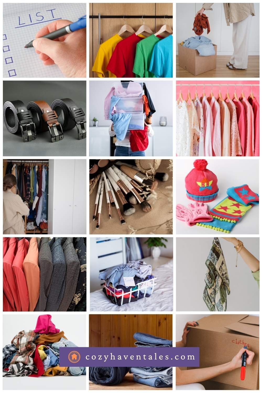 Collage of bedroom clutter items to declutter, like clothes, accessories, and paper mess