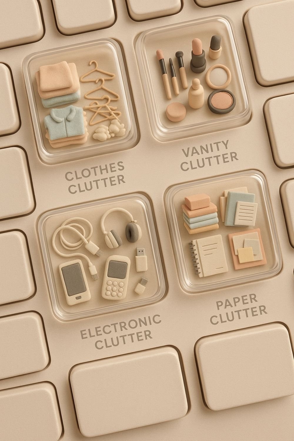 Creative keyboard with transparent keys showing miniature decluttering scenes like clothes and electronics clutter.