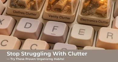 Creative keyboard image showing miniature rooms with clutter categories: clothes, vanity, and electronics, with overlay text about organizing habits.