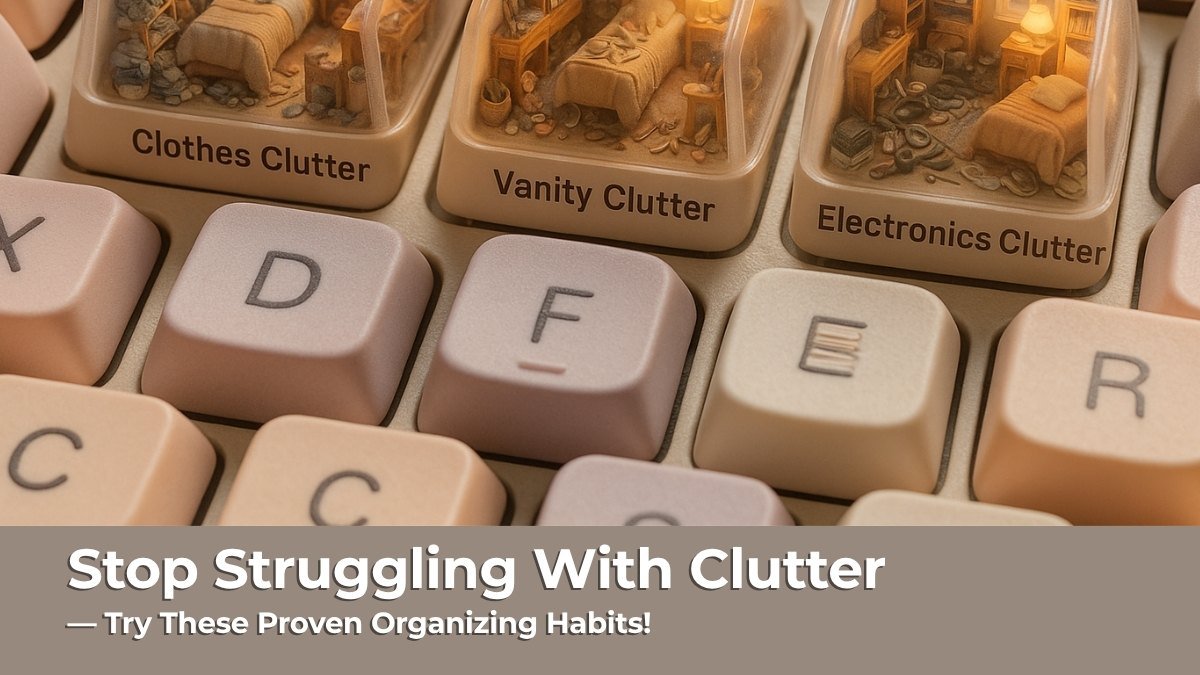Creative keyboard image showing miniature rooms with clutter categories: clothes, vanity, and electronics, with overlay text about organizing habits.
