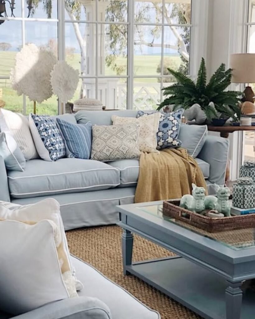 Dusty blue sectional sofa in a calm living room using a soft and unique sofa color