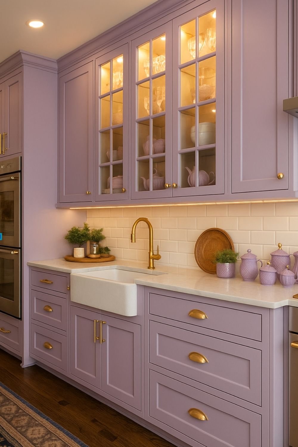 Dusty lilac kitchen with gold fixtures and cabinet lights