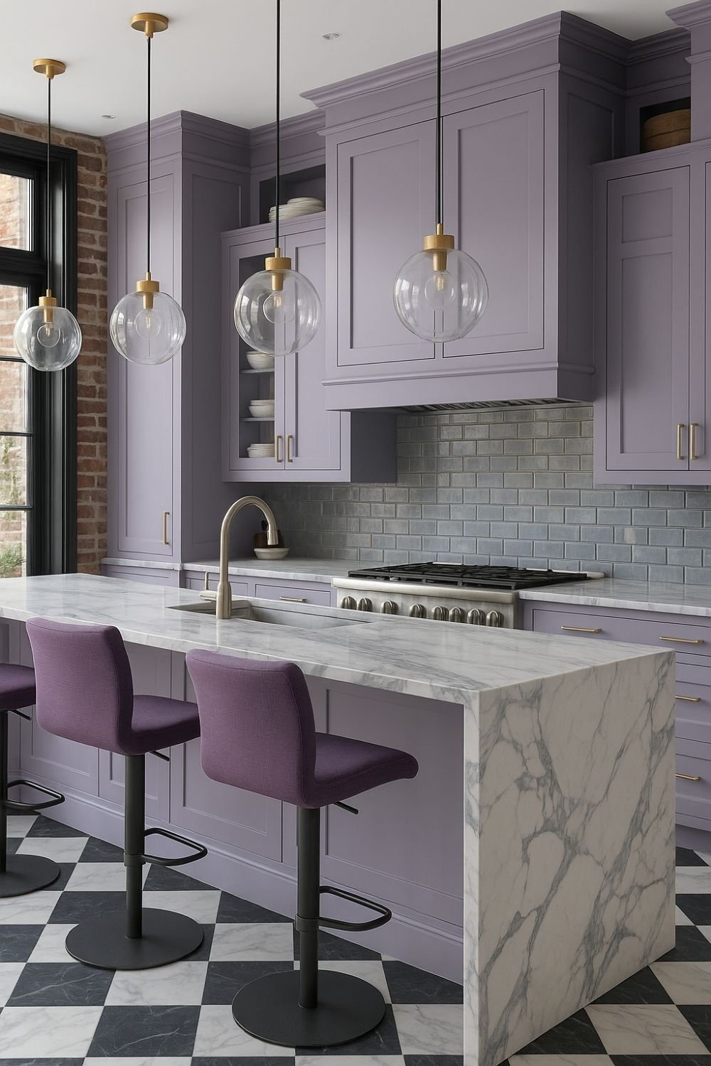 Bold plum kitchen with velvet stools and globe pendant lighting