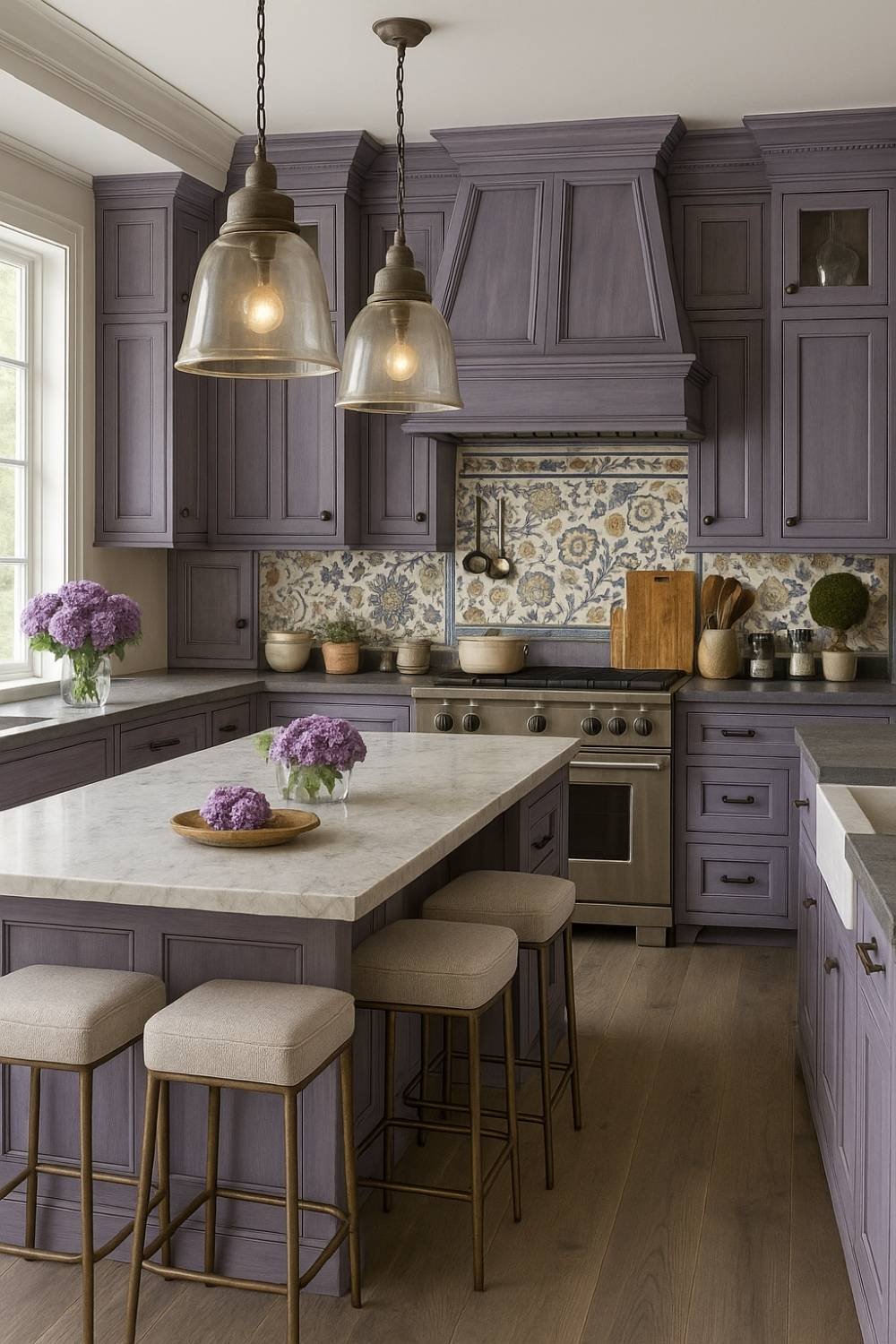 Dusty violet kitchen with marble top and patterned backsplash
