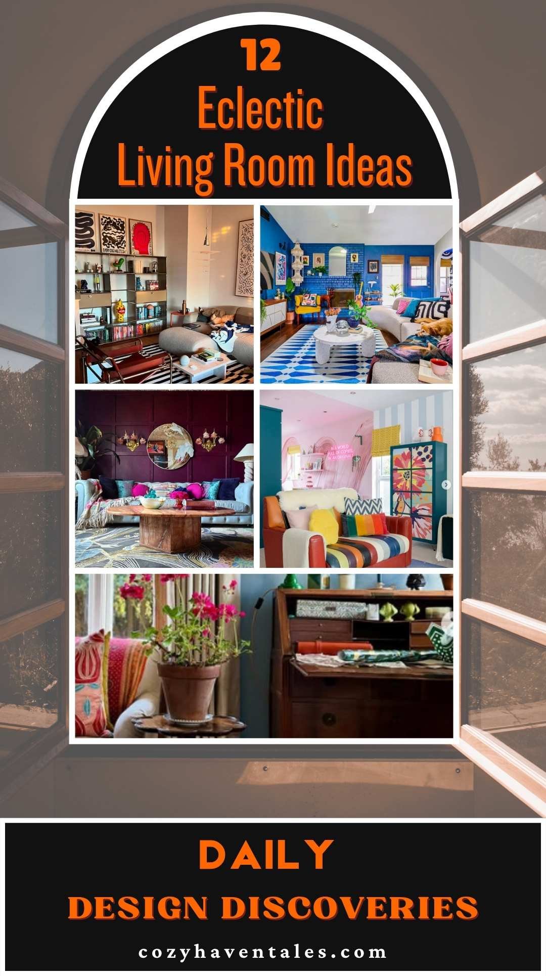 Collage of four colorful, eclectic living room vignettes showcasing bold patterns, layered textures, mid-century furniture and vibrant accents