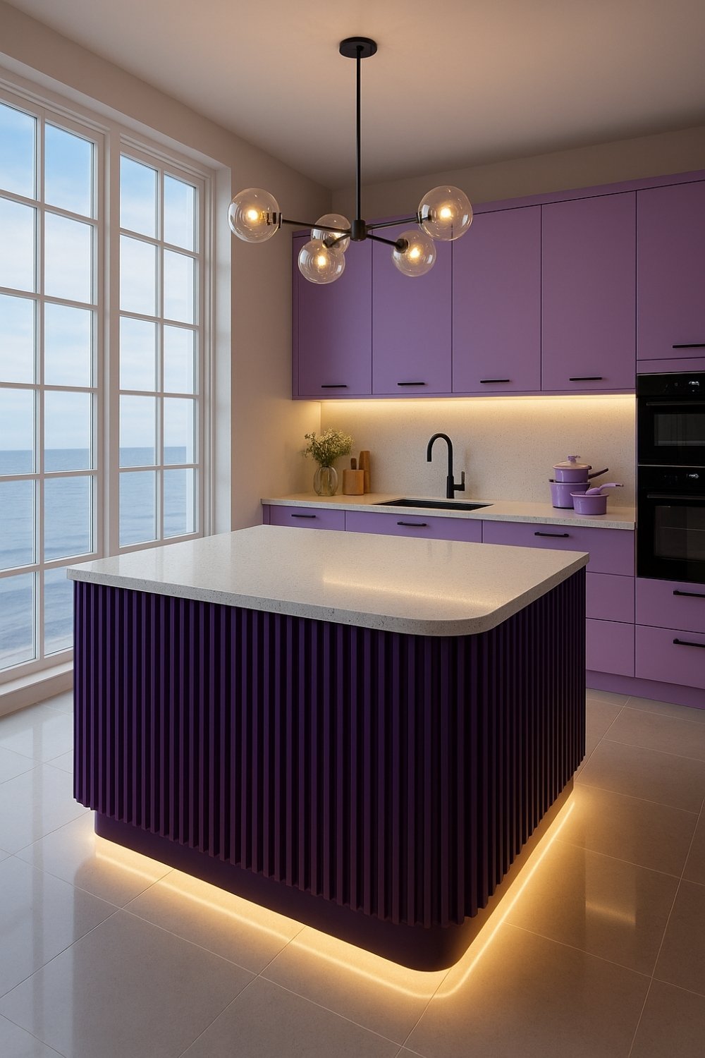 Modern purple kitchen with glowing eggplant island
