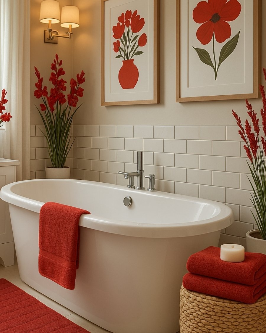 White bathtub with bold red towels and floral artwork in a cozy bathroom