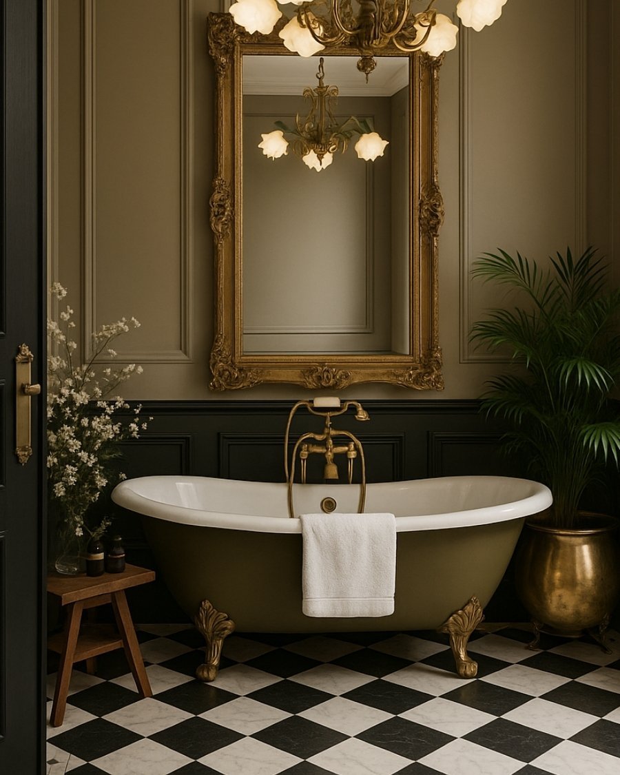 Classic bathroom with olive-toned painted walls, gold-framed mirror, and checkerboard flooring