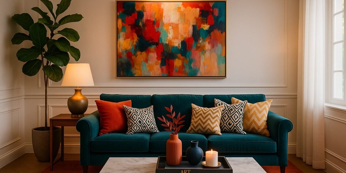 Teal sofa styled with budget-friendly decor including abstract wall art, layered pillows, and a faux marble coffee table