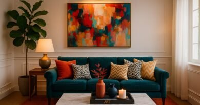 Teal sofa styled with budget-friendly decor including abstract wall art, layered pillows, and a faux marble coffee table