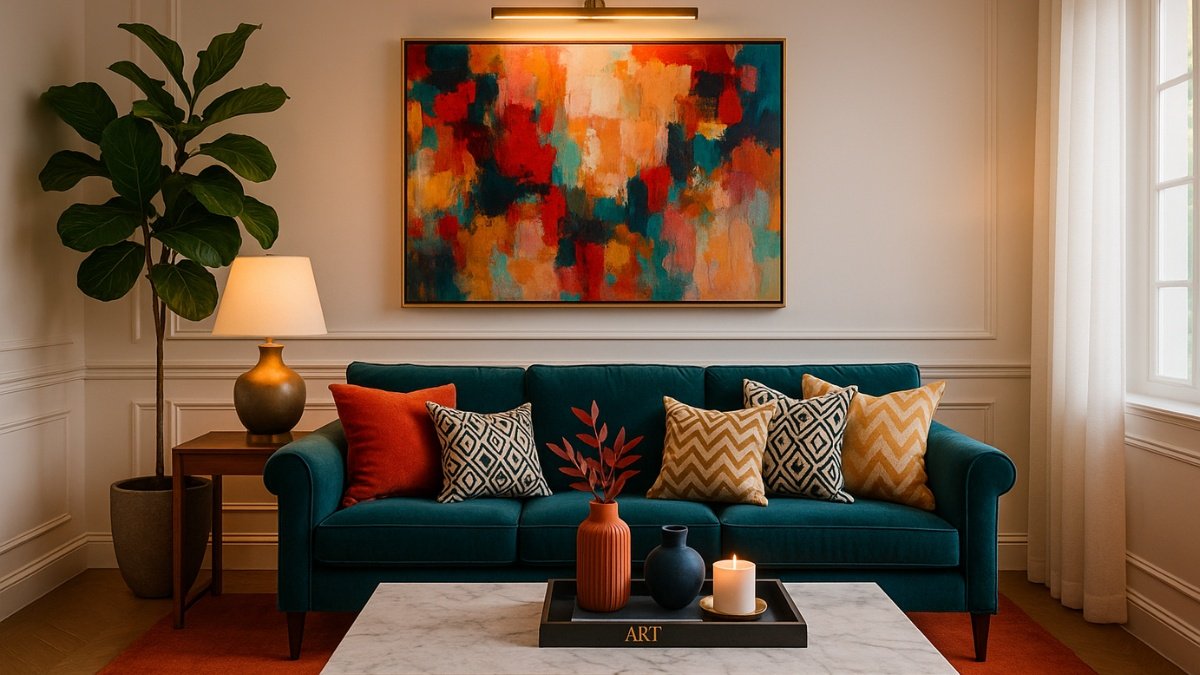 Teal sofa styled with budget-friendly decor including abstract wall art, layered pillows, and a faux marble coffee table