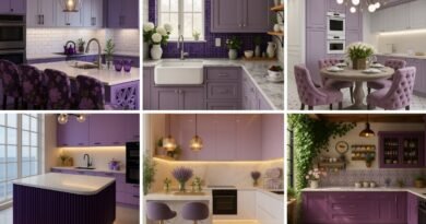 Collage of modern purple kitchens with various cabinet styles and decor accents