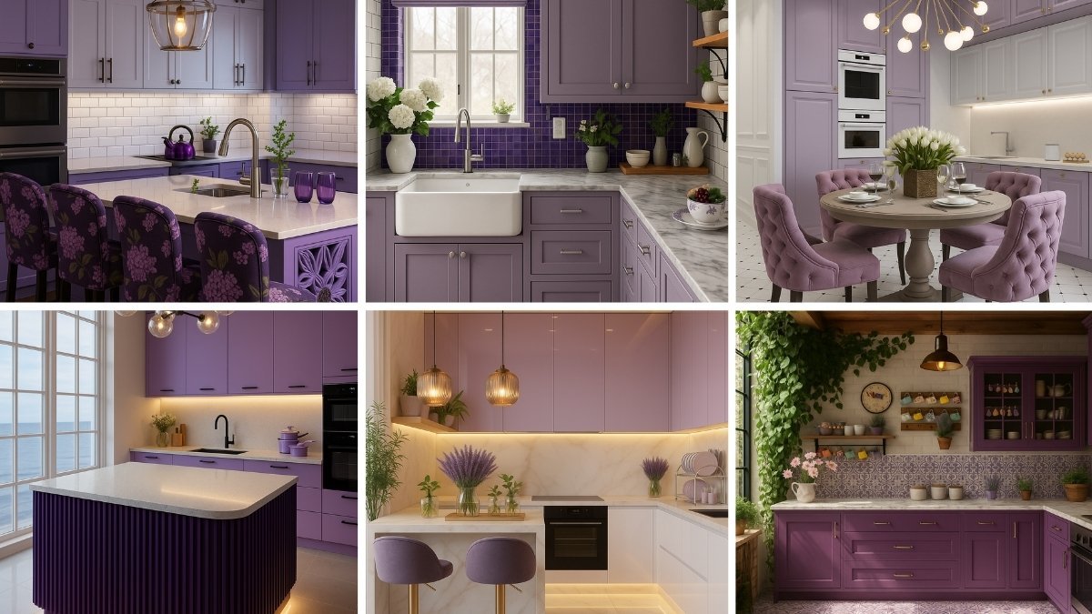 Collage of modern purple kitchens with various cabinet styles and decor accents