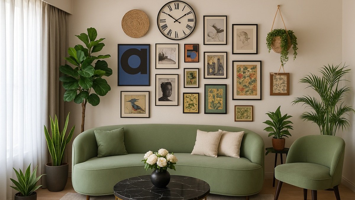 Sage green curved sofa placed below a personalized gallery wall with frames, wicker basket, and a vintage-style wall clock.
