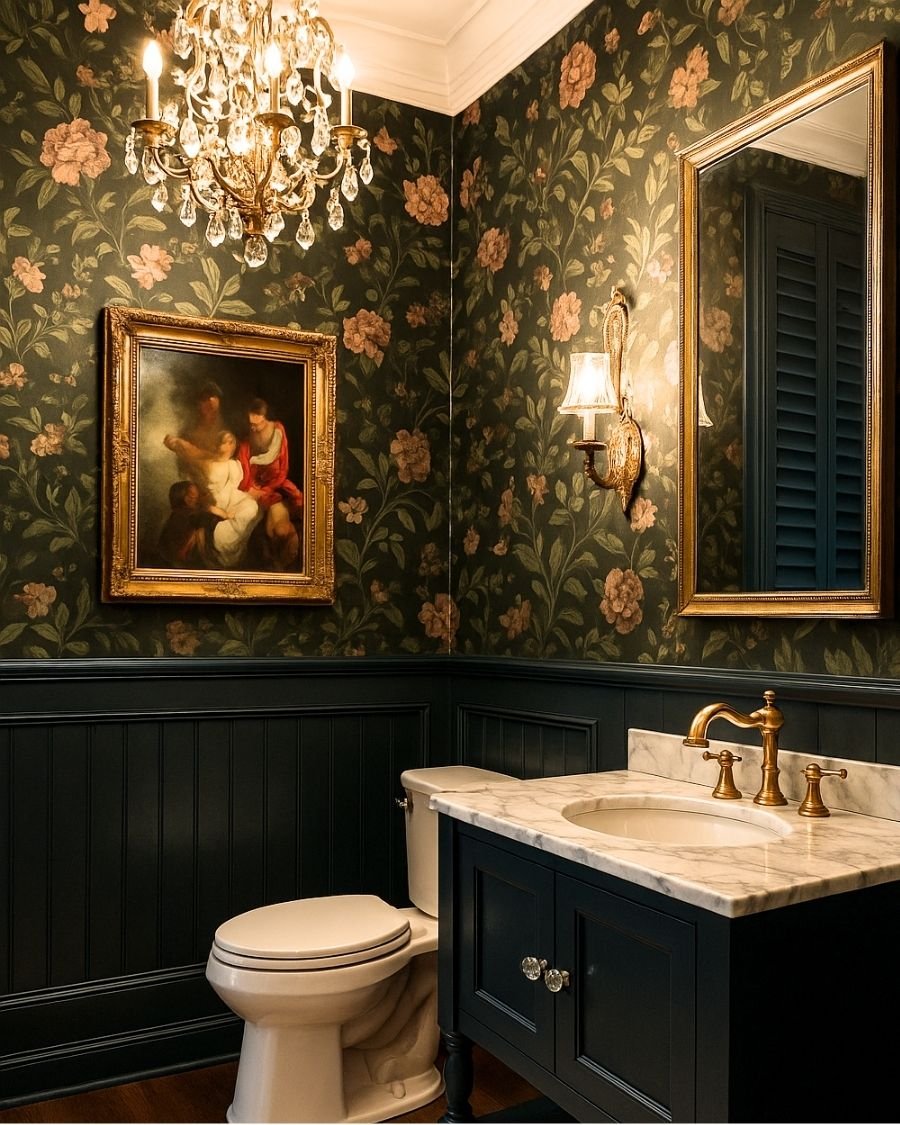 Elegant bathroom with dark floral wallpaper, gold framed artwork, and chandelier lighting