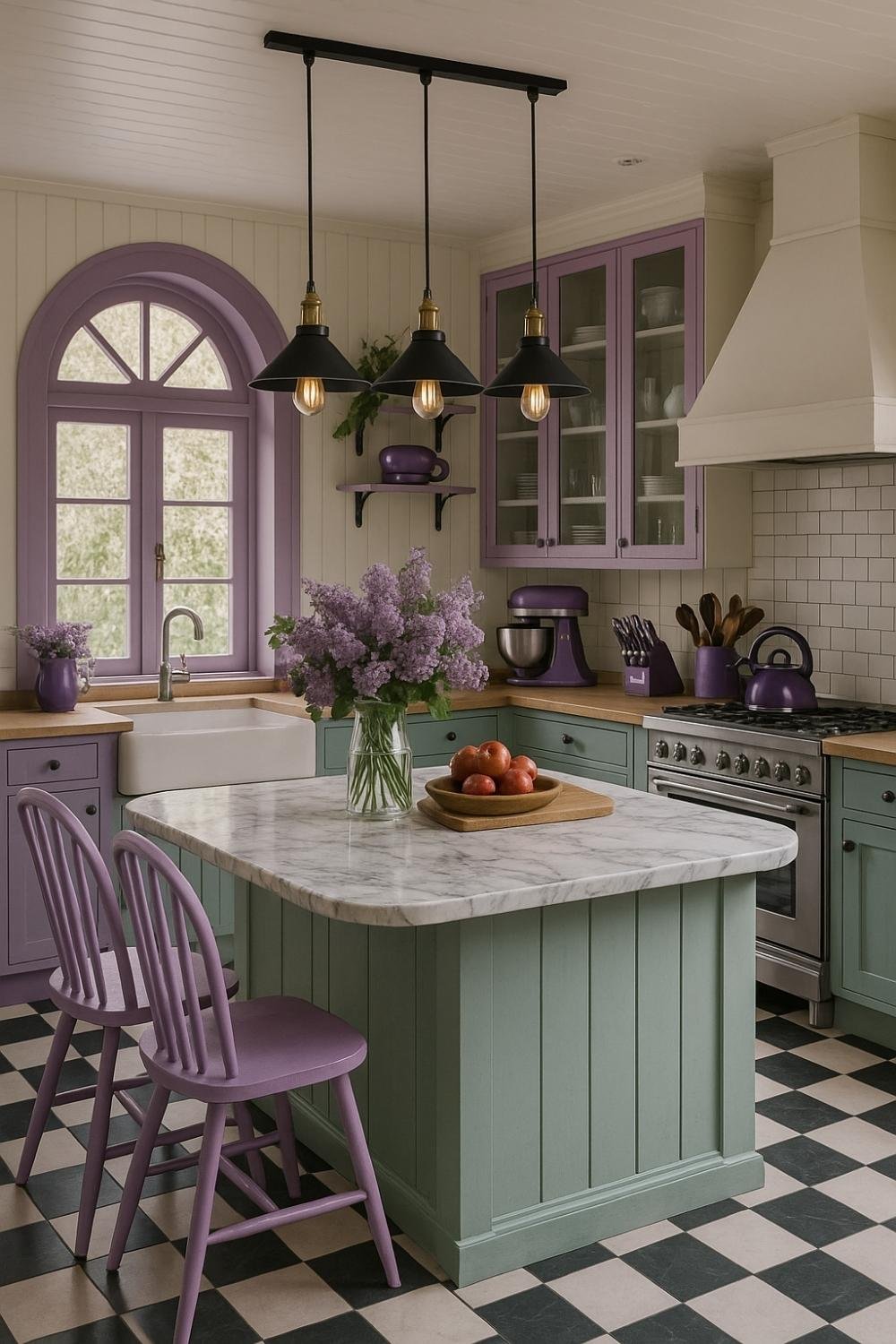 Lilac and mint kitchen with marble island and black-and-white floor