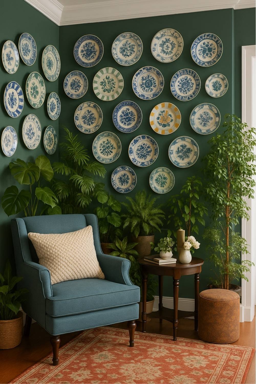 Gallery wall featuring a curated arrangement of decorative plates in various sizes and patterns.