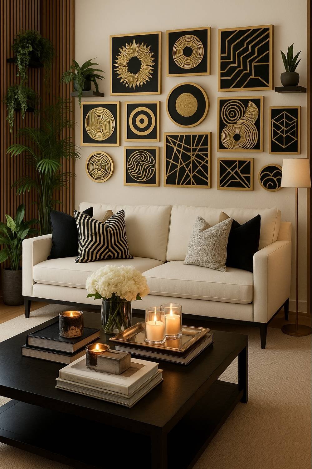 White gallery wall with black and golden modern art frames creating a modern contrast.