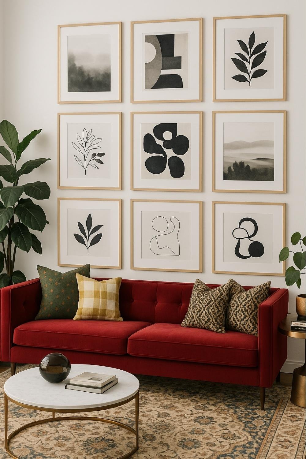 Symmetrical gallery wall with identical frames and evenly spaced white borders around each artwork