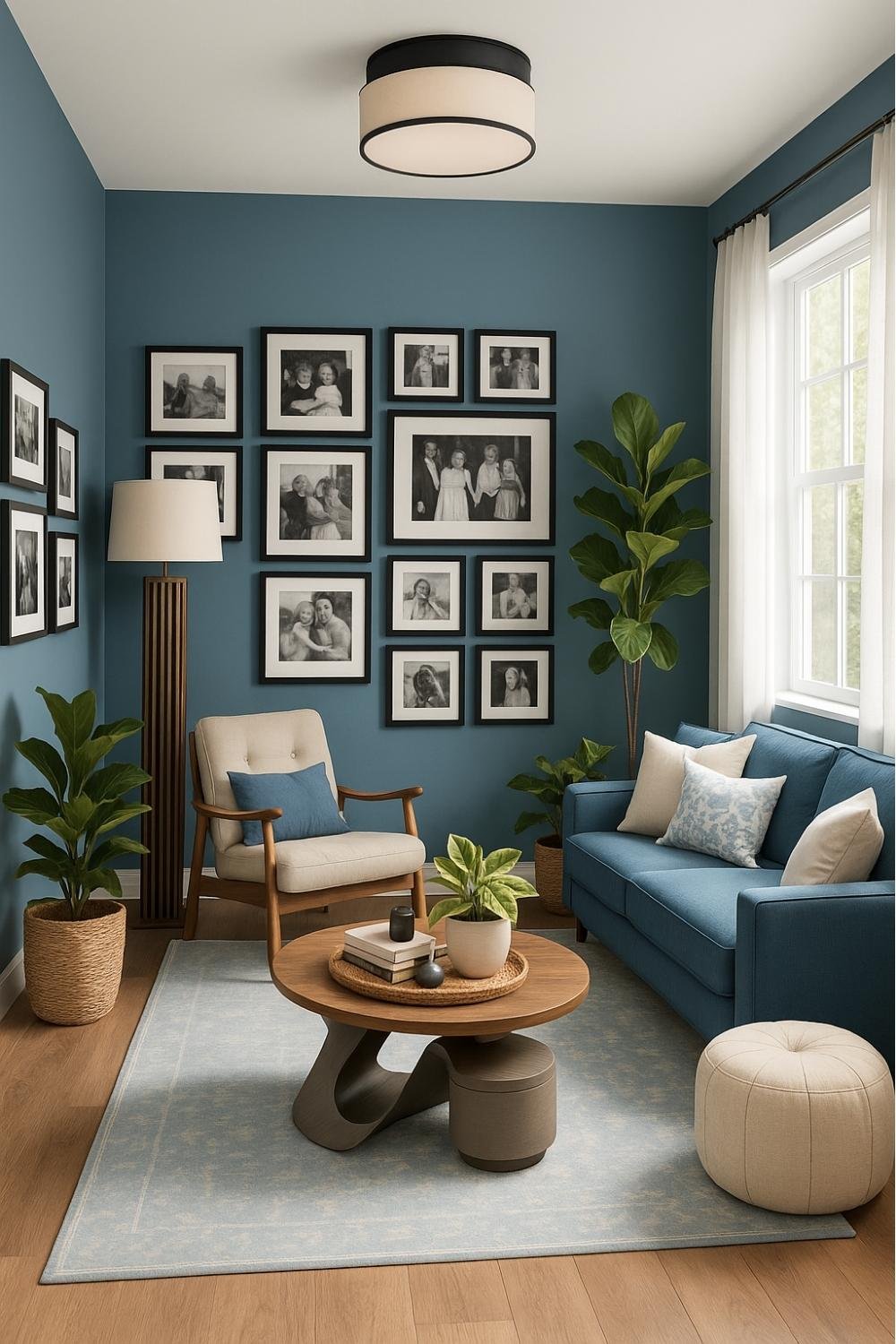 gallery wall with monochrome family photo frames arrangement