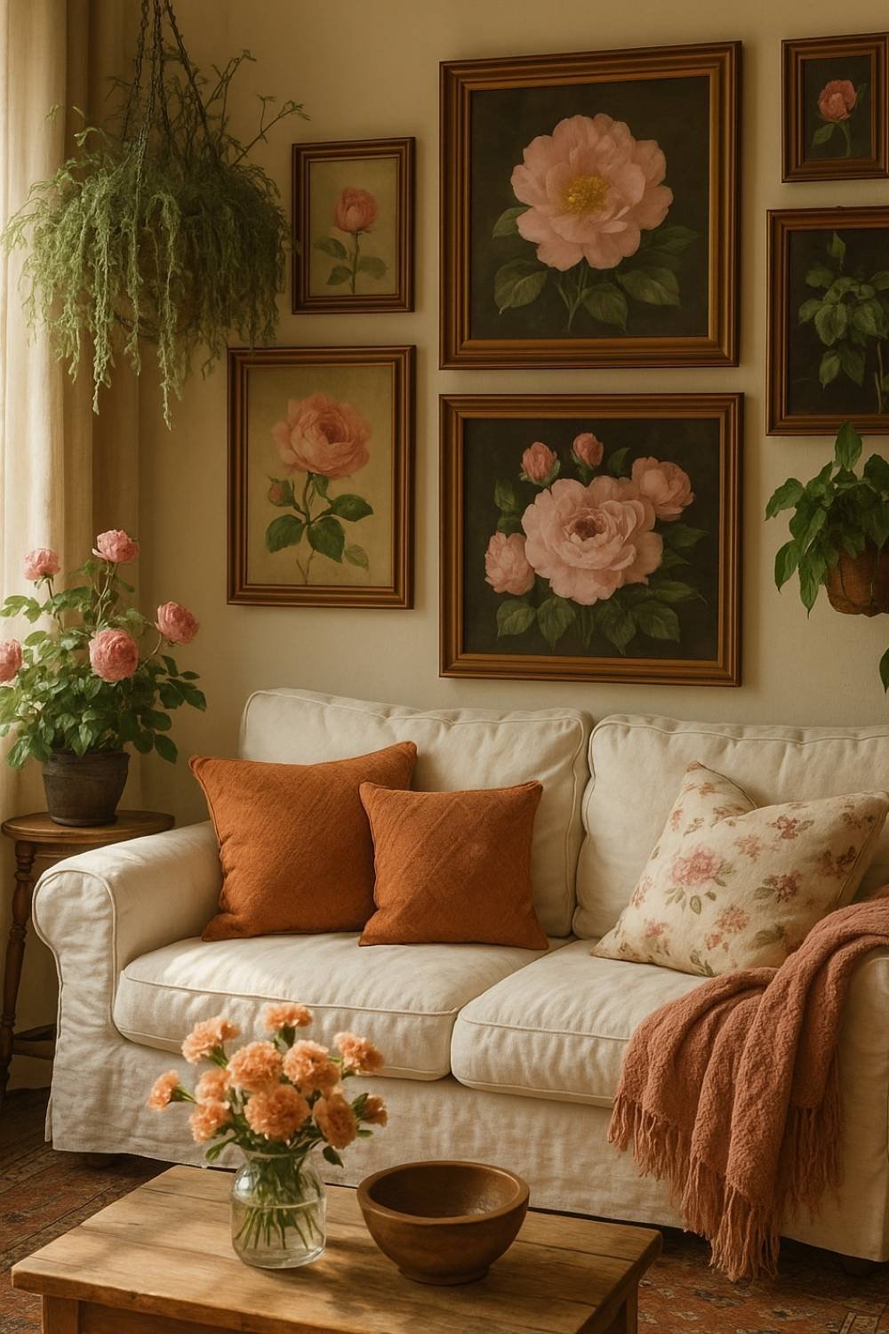 Art gallery wall featuring botanical prints on dark background