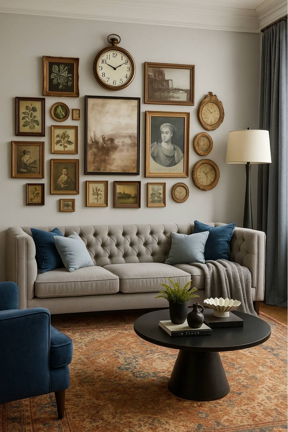 Mixed art styles including abstract prints and family photos arranged tastefully.