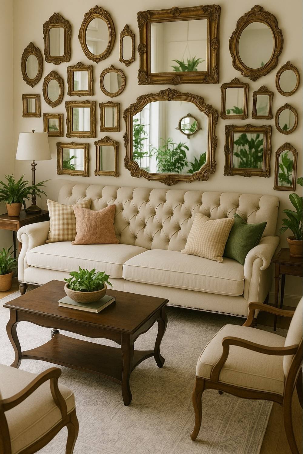 “Gallery wall featuring a curated mix of decorative mirrors in different shapes and frames.
