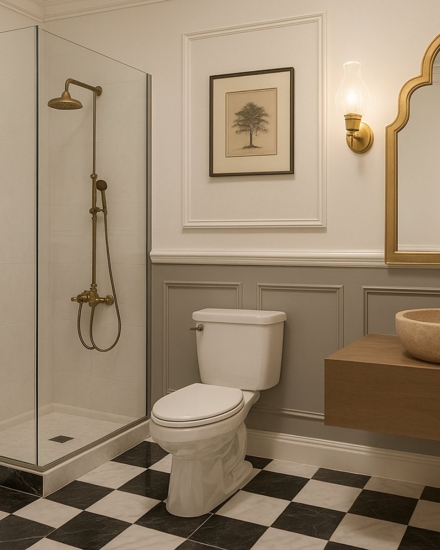Elegant bathroom with a glass shower partition, checkerboard floor, and wainscoting