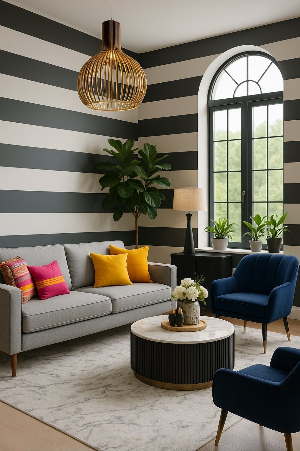 Gray sofa with navy blue accent chairs and bold striped walls